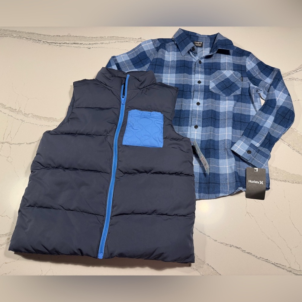 NWT Hurley blue plaid flannel shirt M 10-12 & NWT Cat & Jack blue vest L 10-12